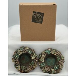 Ross Set of 2 Cast Iron Candle Holders - Flower - Hand Painted - #28450